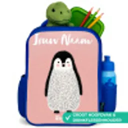 Pinguïn - Stippen - Roze - Minimalistisch Kinderrugzak - Blauw middel -inhoud_NL