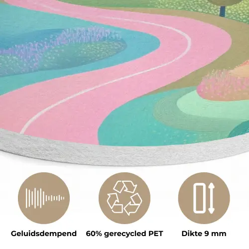 Landschap - Paars - Pastel - Huizen Akoestische PET Vilt - Rond klein -closeup_NL