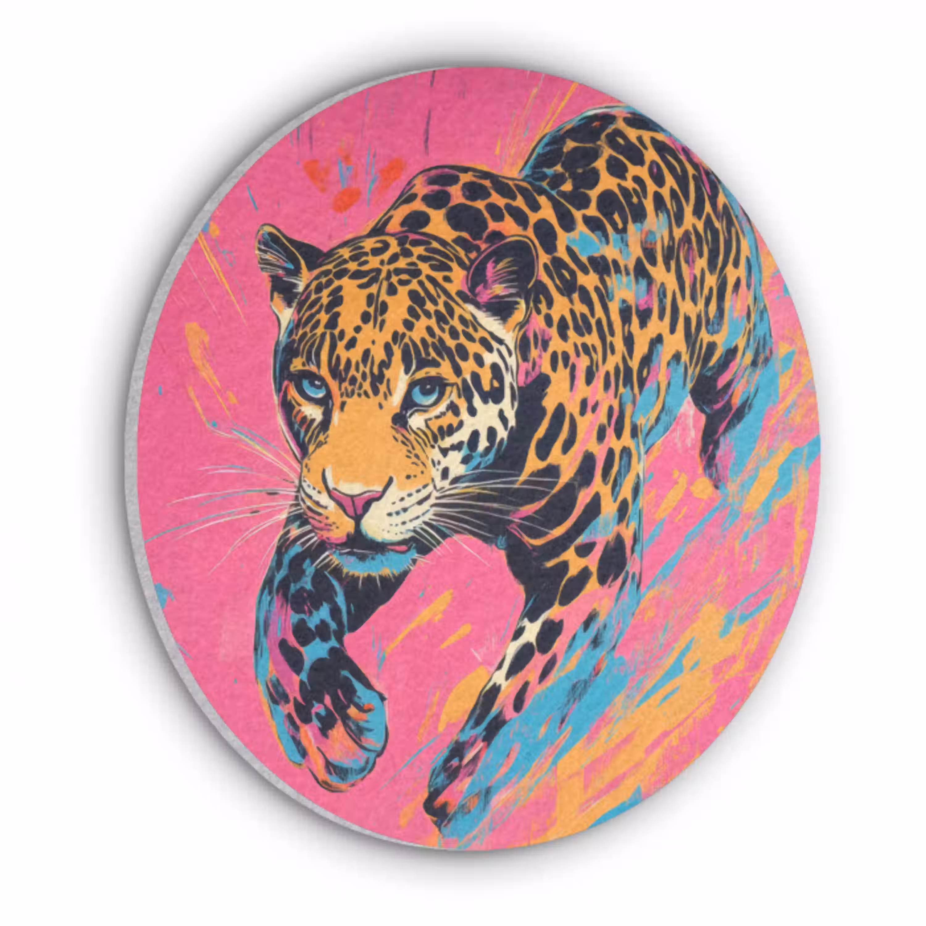 Luipaard - Roze - Oranje - Blauw - Verf Akoestische PET Vilt - Rond klein -3d