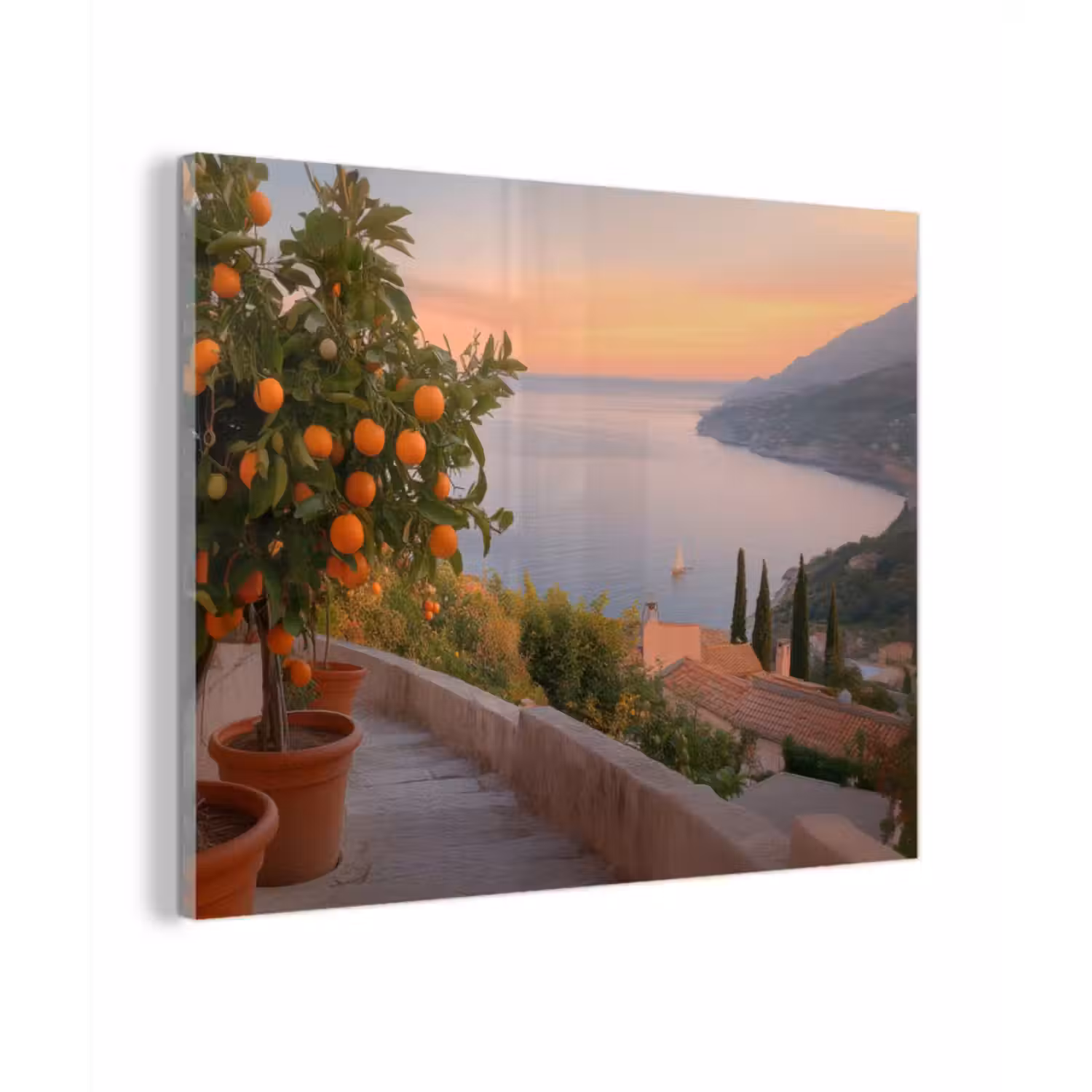 Glas schilderij - Middelandse zee - Sinaasappel - Heuvels - Zee