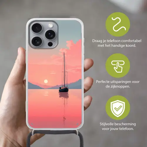 Zeilboot - Roze zee - Zonsondergang - Bergen Hoesje iPhone 16 Pro Max met koord klein -sfeer2_NL