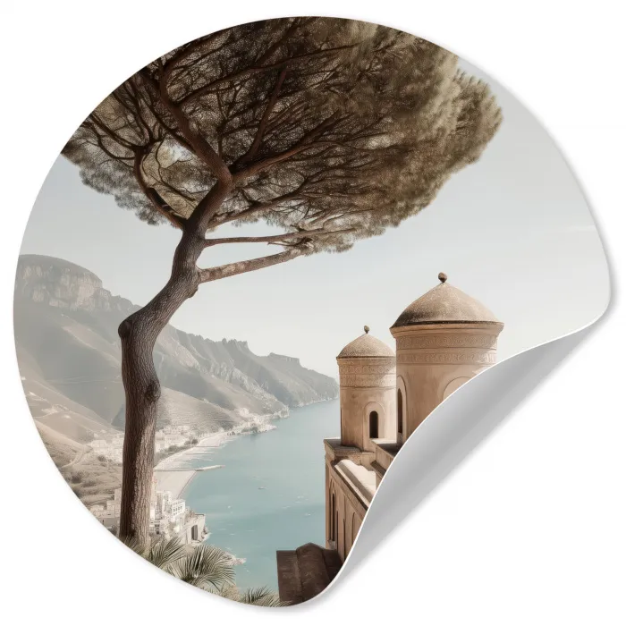 Kust - Klif - Boom - Gebouw Wandcirkel behangsticker klein -3d