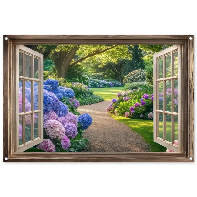 Tuinposter - Doorkijk - Tuin - Raam - Hortensia - Bloemen
