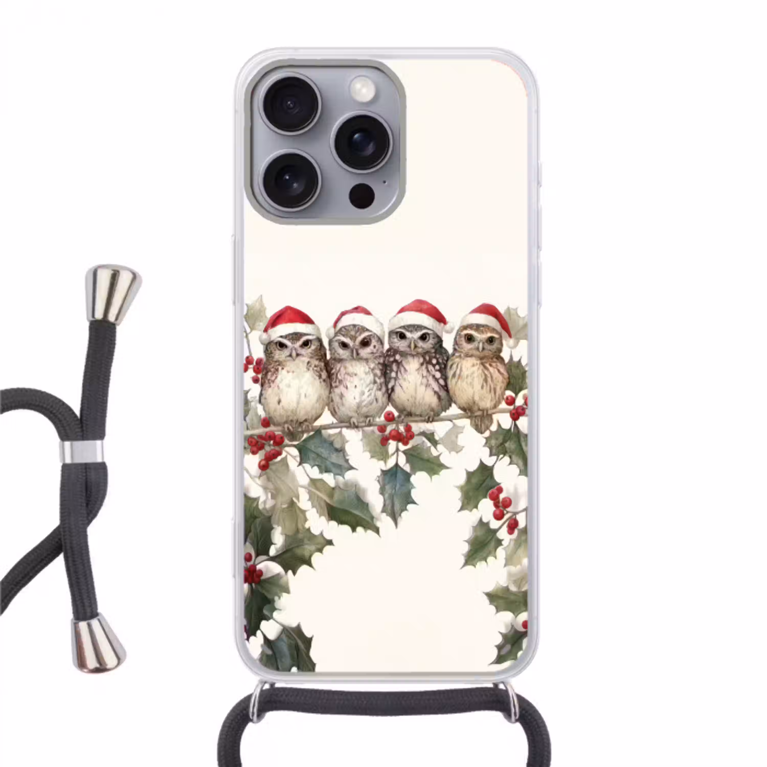 Uilen - Tak - Hulstblaadjes - Kerstmuts Hoesje iPhone 16 Pro Max met koord klein -3d