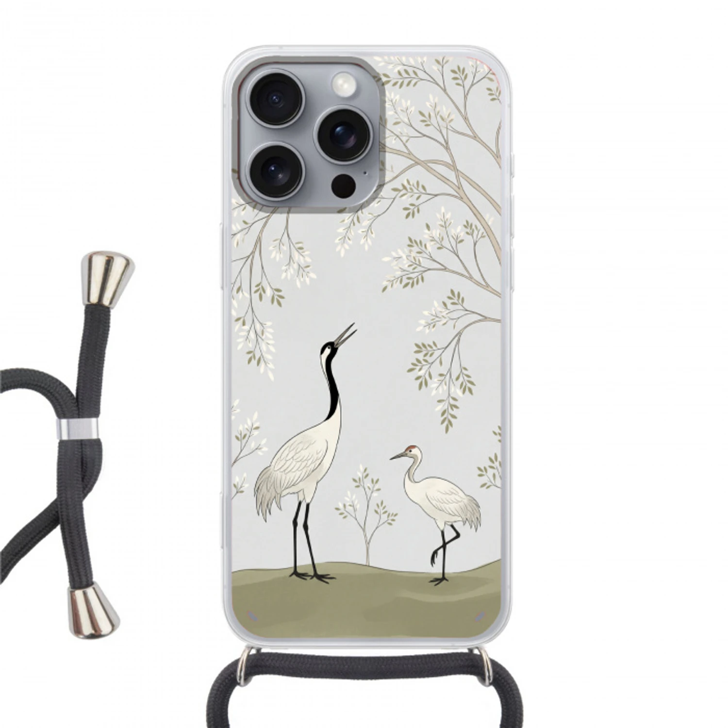 Minimalistisch - Kraanvogels - Blauw Hoesje iPhone 16 Pro Max met koord klein -3d