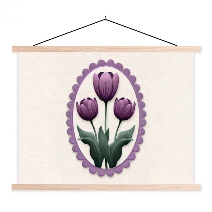 Tulpen - Paars - Lijst - Bladeren textielposter latten blank klein -3d