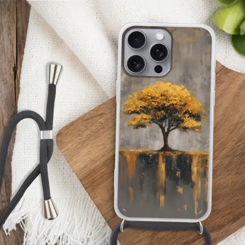 Boom - Bladeren - Goud - Abstract Hoesje iPhone 16 Pro Max met koord klein -sfeer4