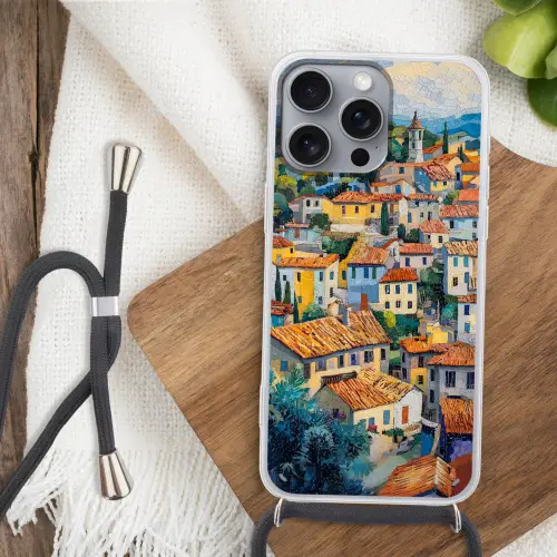Dorp - Heuvels - Landschap - Bomen Hoesje iPhone 16 Pro Max met koord klein -sfeer4