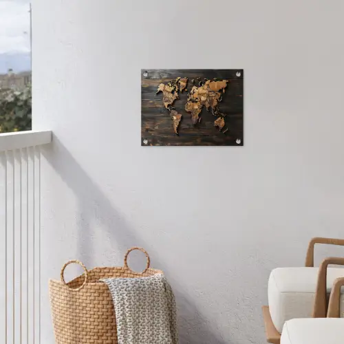 Wereldkaart -  Hout - Mozaïek tuinposter los doek klein -sfeer8