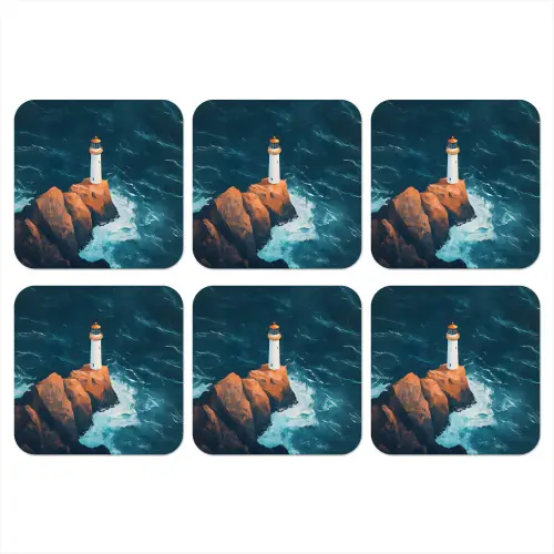 Vuurtoren - Rots - Zee - Golven onderzetter kurk middel -3d