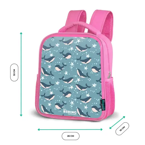 Donkerblauw walvissenpatroon met zeesterren Kinderrugzak - Roze middel -productfoto_formaten