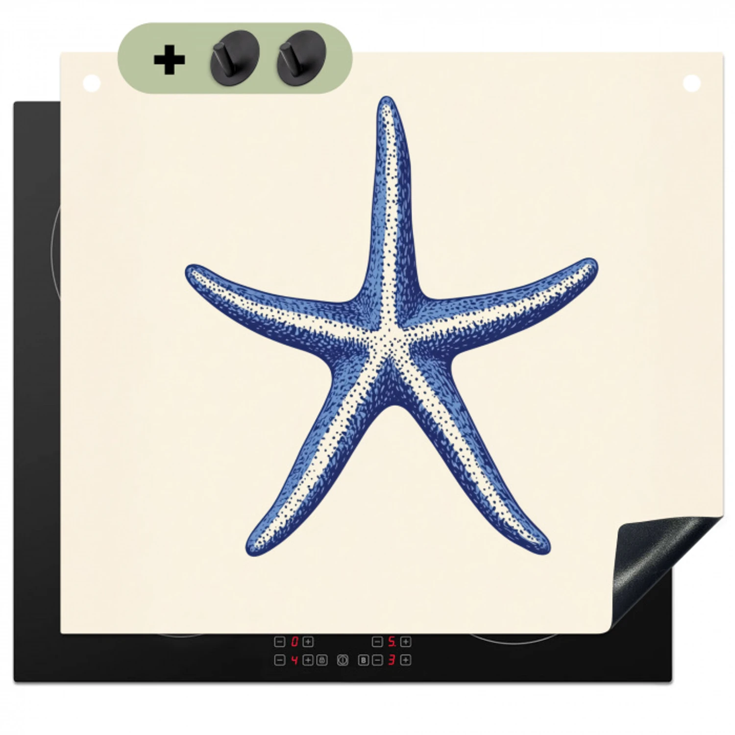 Blauwe zeester - Minimalistisch - Beige Inductie beschemer met haakjes middel -3d