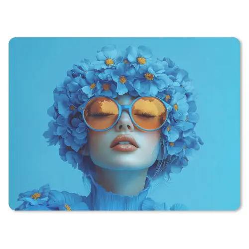 Vrouw - Bloem - Blauw - Modern - Bril - Portret muismat rubber klein -3d