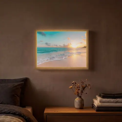 Zonsondergang - Strand - Zee - Zomer - Blauw Light Box met batterij (Wandlamp) middel -sfeer4