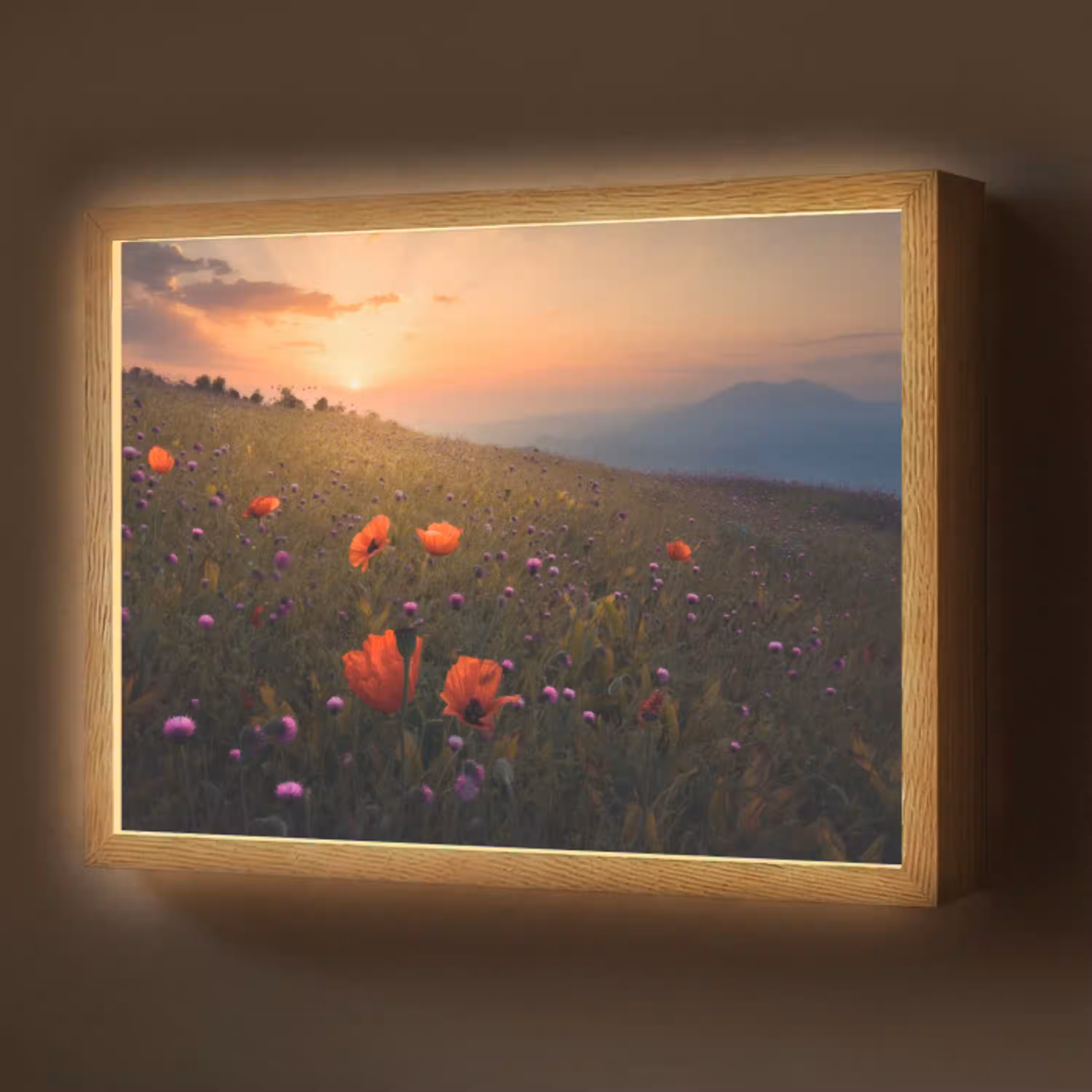 Bloemenveld - Gras - Bloemen - Planten - Zonsondergang - Oranje Light Box met batterij (Wandlamp) middel -z3d_website