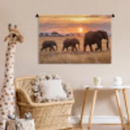 Olifanten - Savanne - Zonsondergang - Afrika - Warm Wandkleed katoen middel -wsfeer5_kind
