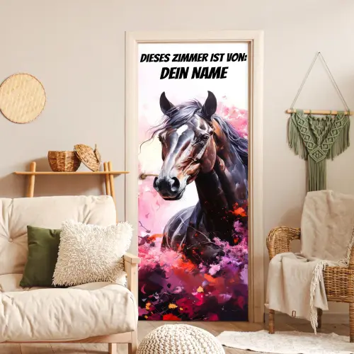 Gemaltes Pferd in kräftigen Farben mit personalisierbarem Text oben. deurposter klein -sfeer2
