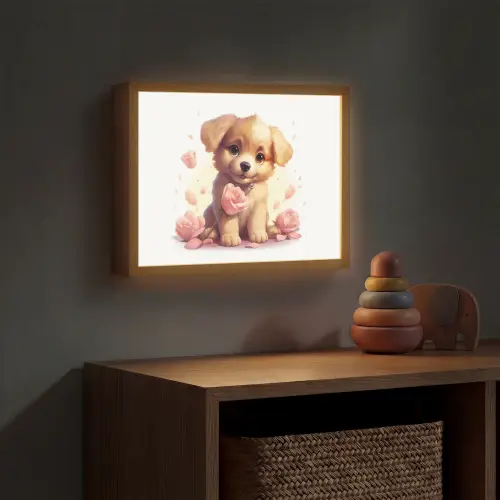 Hond - Bloemen - Roze - Meisjes - Kind Light Box met batterij (Wandlamp kind) middel -sfeer5_kind