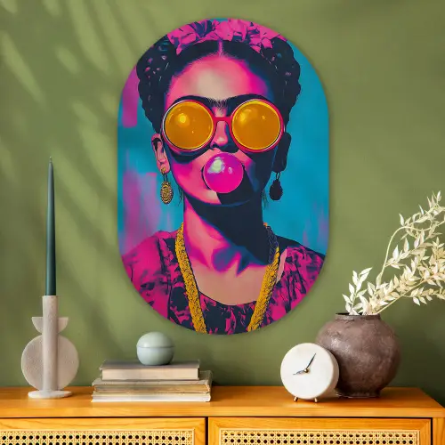 Vrouw - Kauwgom - Zonnebril - Oranje Wandcirkel Ovaal Glas middel -sfeer2