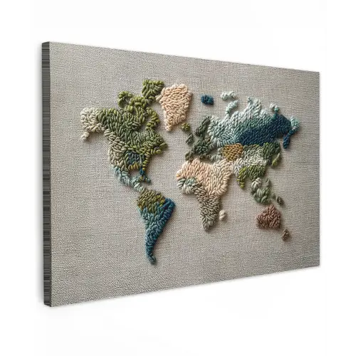 Wereldkaart - Geborduurd - Aardetinten Tuinposter op houten frame 2 cm dik klein -3d