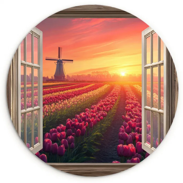 Doorkijk - Tulpen - Zonsondergang - Bloemen - Kleurrijk Wandcirkel kunststof plaat 5mm dik klein -3d