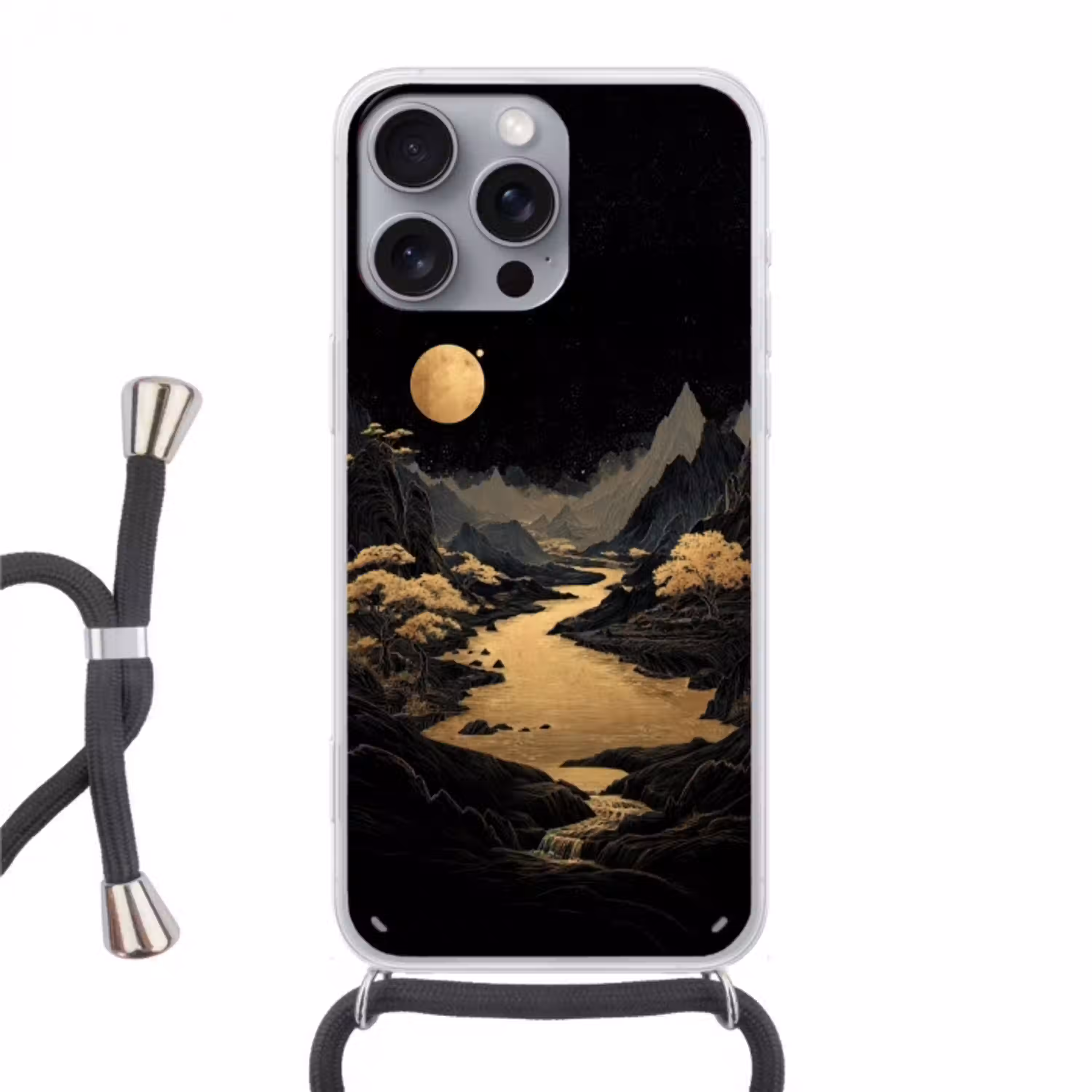 Gouden rivier - Bergen - Maan - Sterrenhemel Hoesje iPhone 16 Pro Max met koord klein -3d