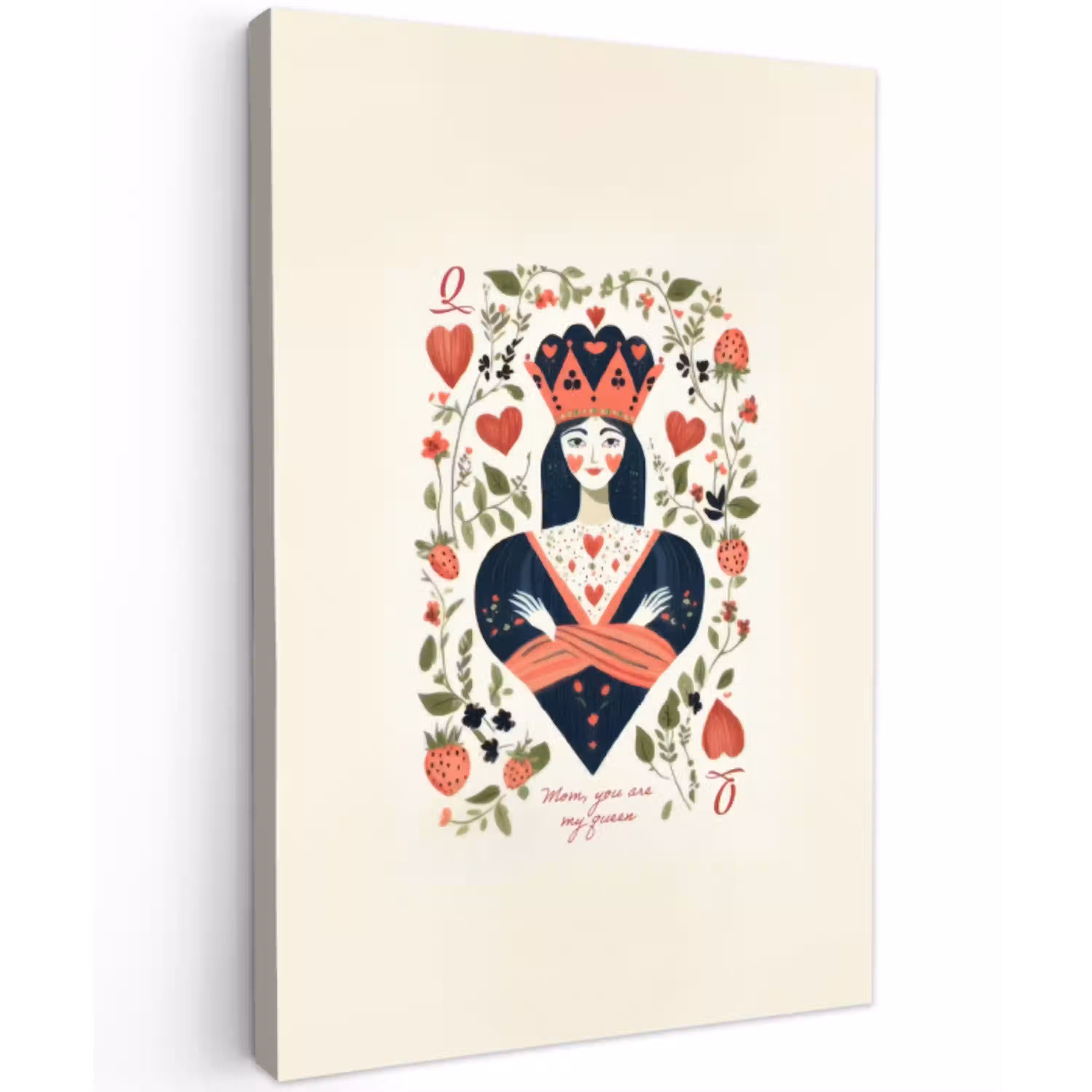 Speelkaart - Hartenkoningin - Bloemen - Hartjes Tuinposter op houten frame 2 cm dik middel -3d
