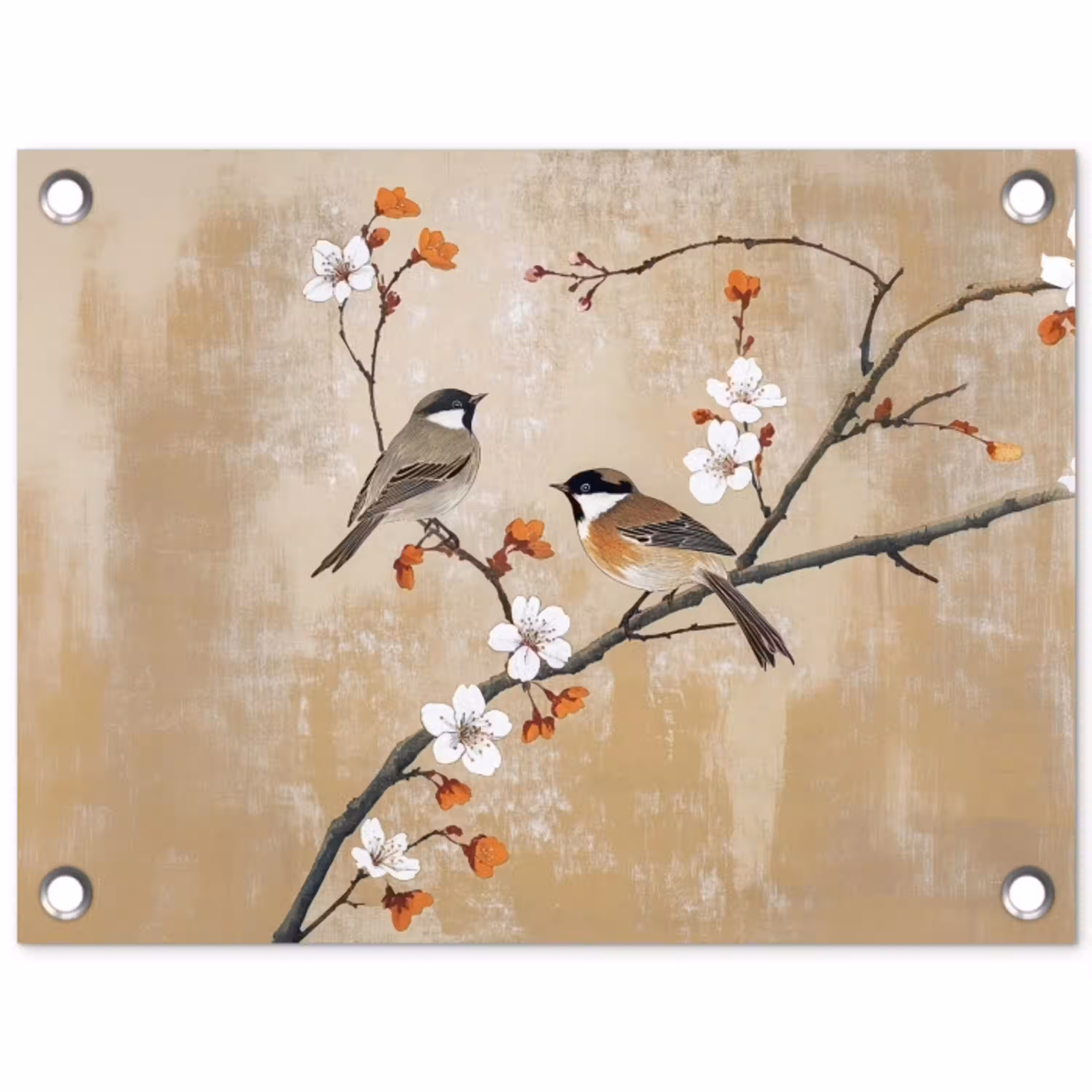 Vogels - Bloesemtak - Bloemen - Oranje tuinposter los doek klein -3d