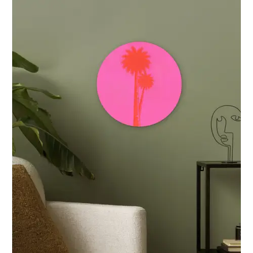 Palmbomen - Modern - Roze Wandcirkel kunststof plaat 5mm dik klein -sfeer3