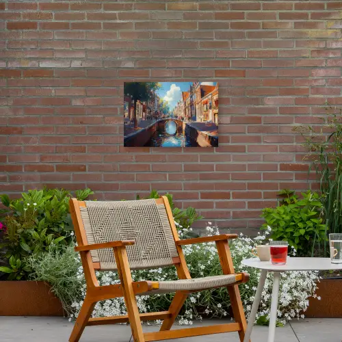 Stad - Gracht - Zon - Fietsen Tuinposter op houten frame 2 cm dik klein -sfeer3