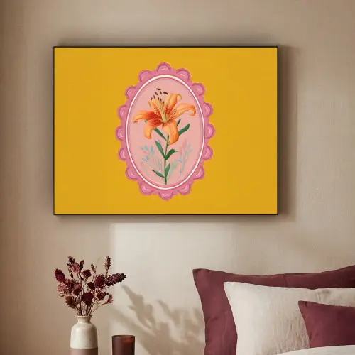 Lelie - Oranje - Lijst - Ovaal Textielframe zwart klein -sfeer1