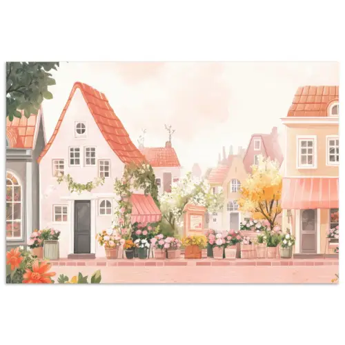 Bloemen - Huizen - Dorp poster papier klein -3d