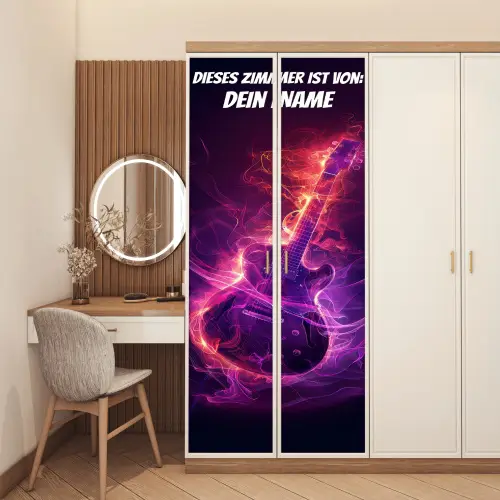 Leuchtende E-Gitarre im Neon-Stil mit personalisierbarem Namensfeld. deurposter klein -sfeer3