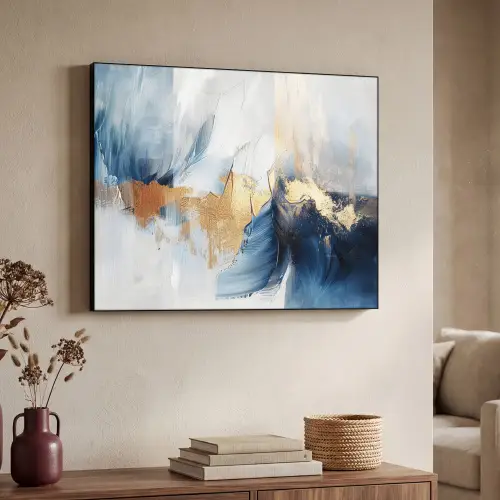 Goud - Blauw - Verf - Kunst - Modern Textielframe zwart klein -sfeer3