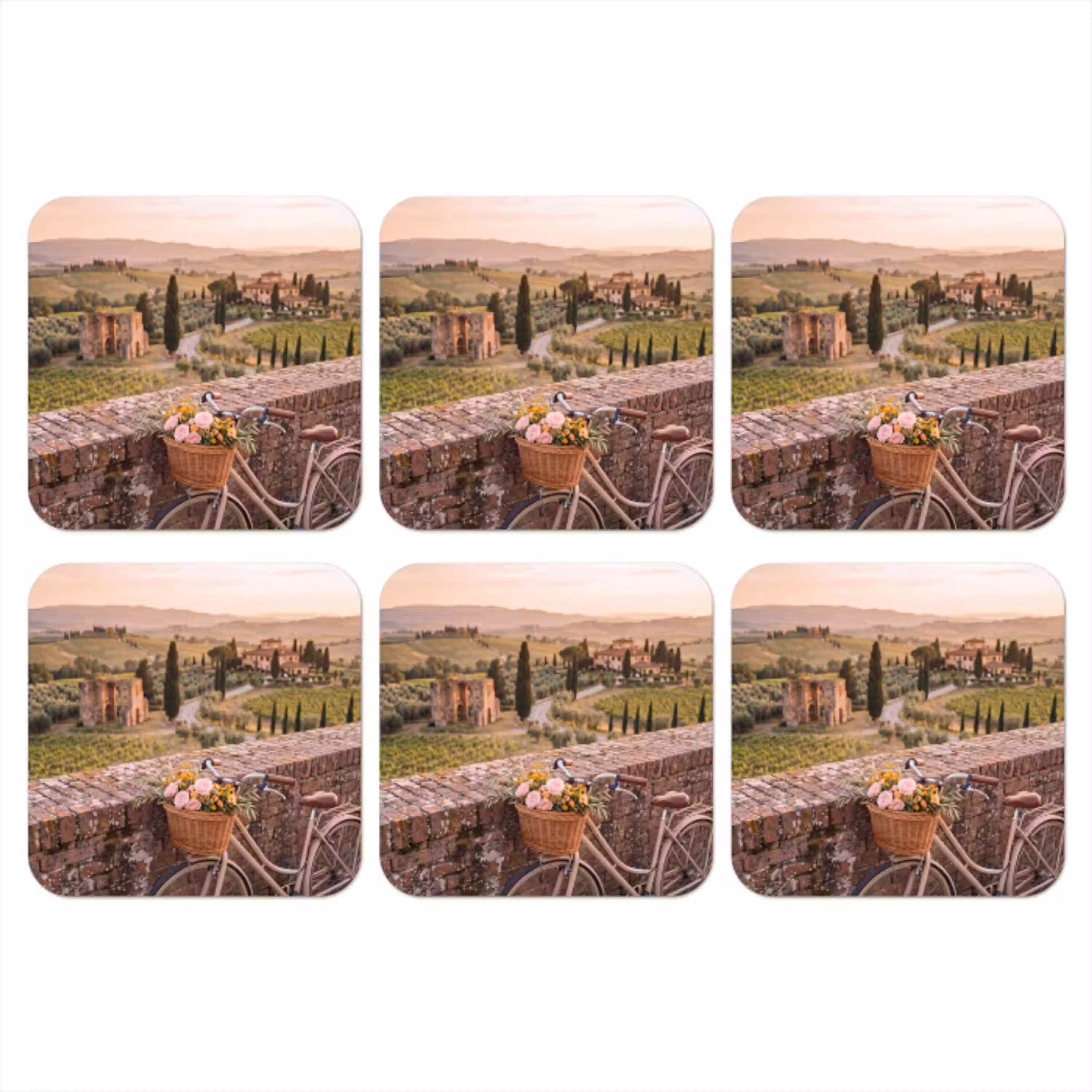 Fiets - Bloemen - Toscane - Landschap - Roze onderzetter kurk middel -3d