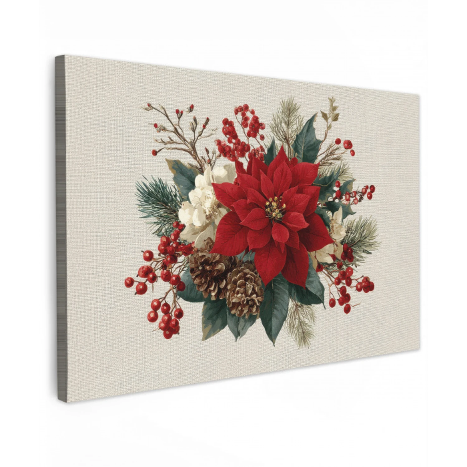Kerststuk - Poinsettia - Dennenappels - Rood canvas 2cm klein -z3d