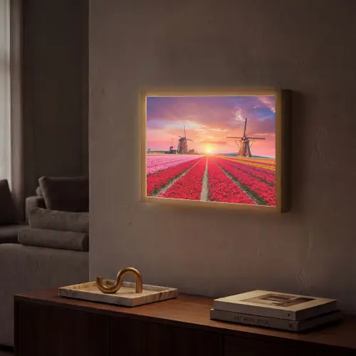Bloemen - Tulpen - Bloemenveld - Molens - Holland Light Box met batterij (Wandlamp) middel -sfeer1