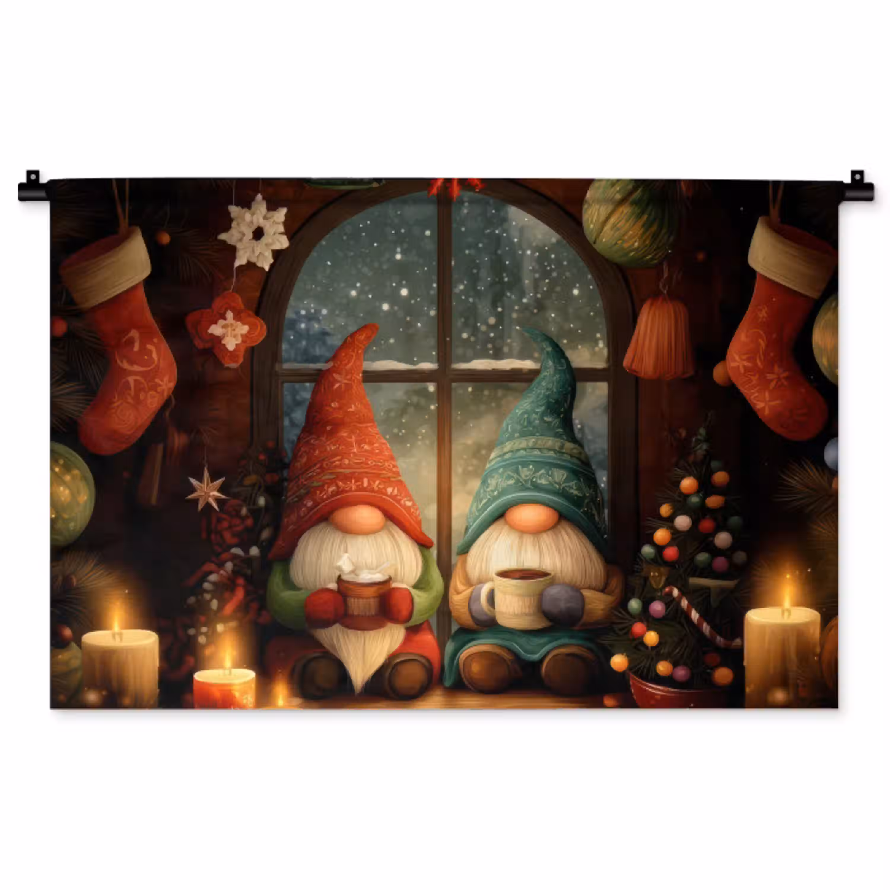 Gnooms - Kerst - Raam - Kleurrijk Wandkleed katoen middel -zz3d