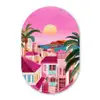 Stad - Roze - Palmbomen Wandcirkel Ovaal Glas middel -3d