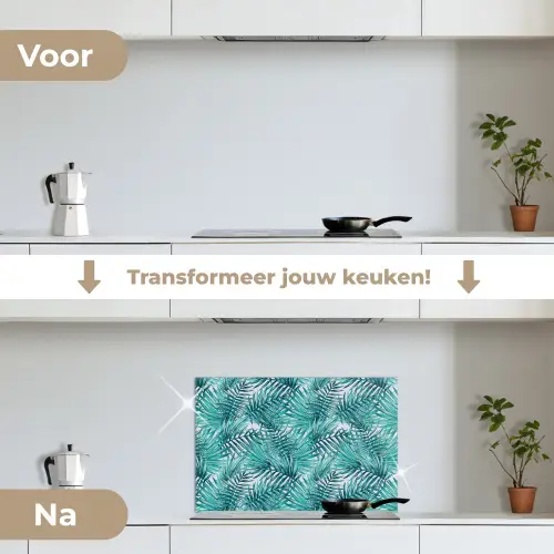 Bladeren - Ijsblauw - Wit keuken achterwand spatscherm klein 900 -voor_na_NL