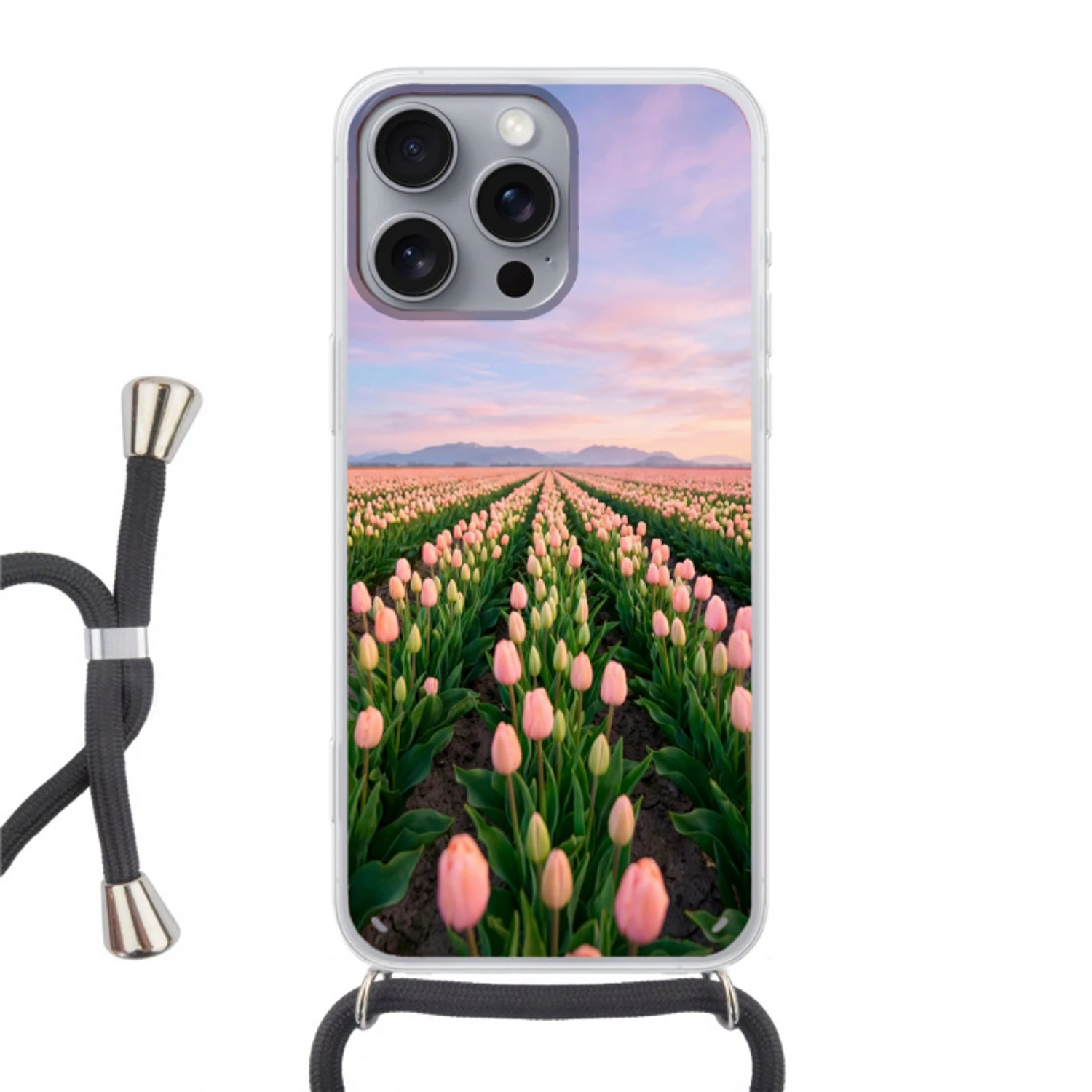 Tulpen - Landschap - Roze Hoesje iPhone 16 Pro Max met koord klein -3d