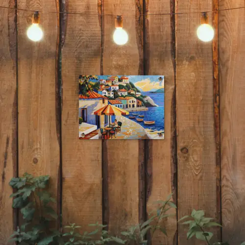 Kustdorp - Huisjes - Mozaïek - Zee tuinposter los doek klein -sfeer1