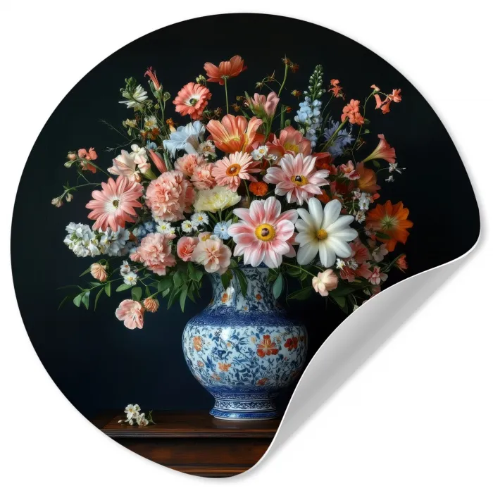 Hout - Vaas - Kleuren - Bloemen Wandcirkel behangsticker klein -3d