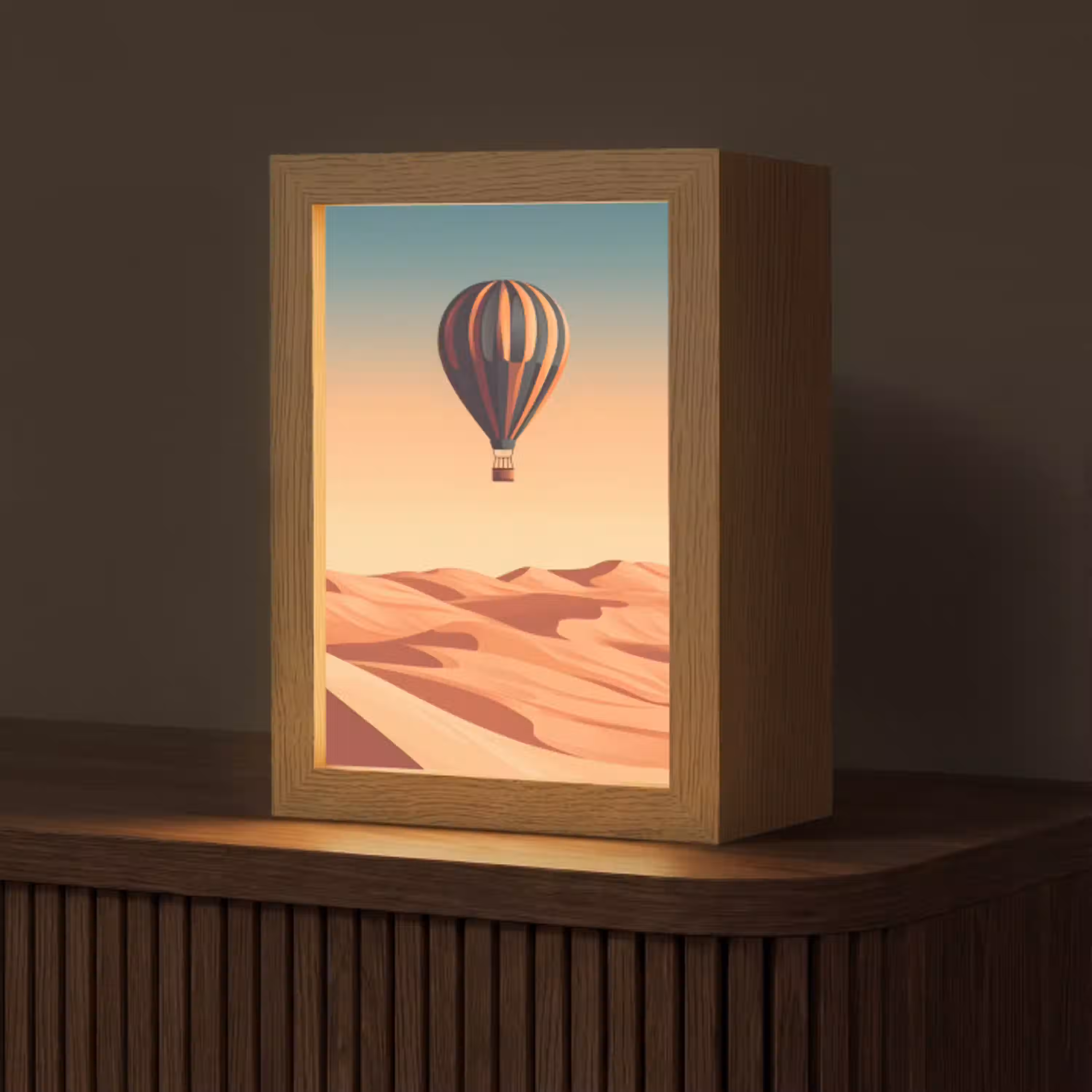 Luchtballon - Woestijn - Zonsondergang - Blauw Light Box met kabel (Tafellamp) klein -z3d_website