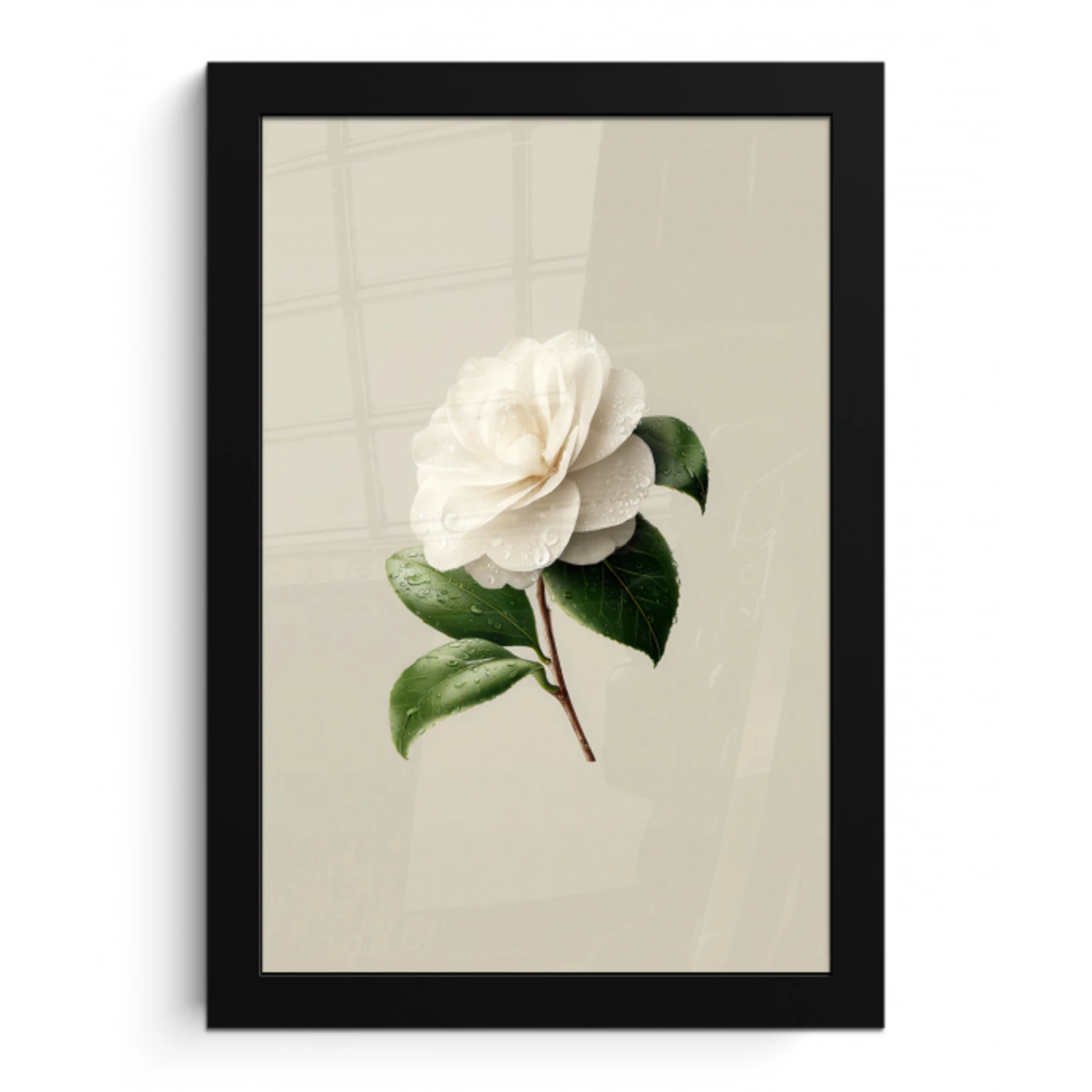 Cameliabloem - Wit - Groen fotolijst zwart zonder passe partout klein -3d