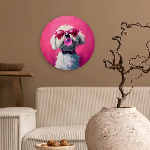 Pink - Hond - Bubbel Wandcirkel kunststof plaat 5mm dik klein -sfeer1