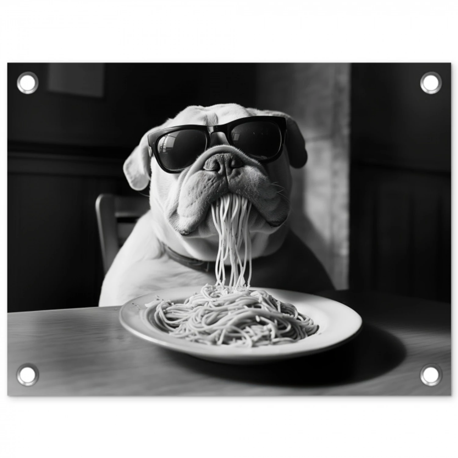 Hond - Bulldog - Pasta - Bril - Stoer - Dieren tuinposter los doek klein -3d