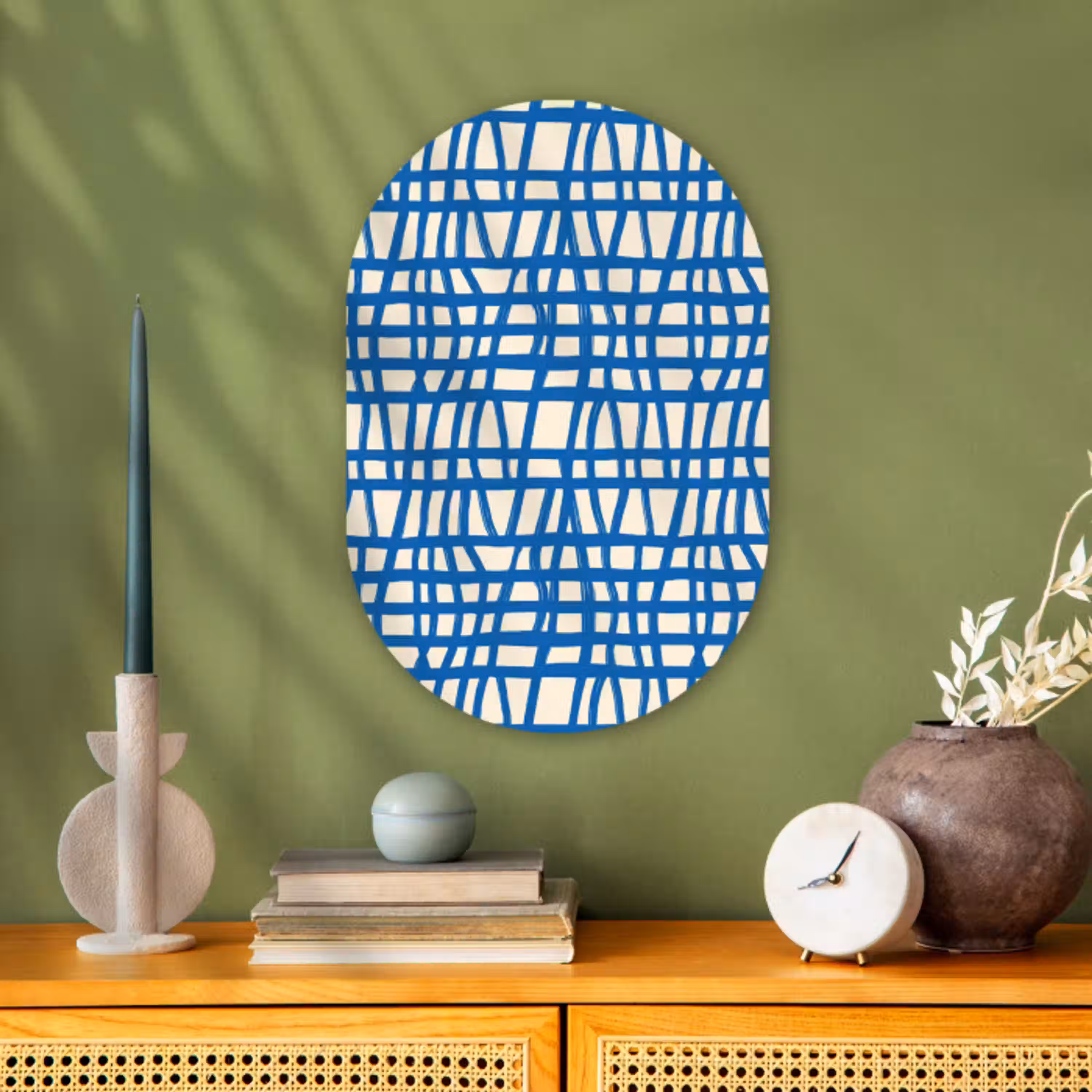 Ruitpatroon - Blauw - Crème Wandcirkel Ovaal Forex klein 630 -sfeer2
