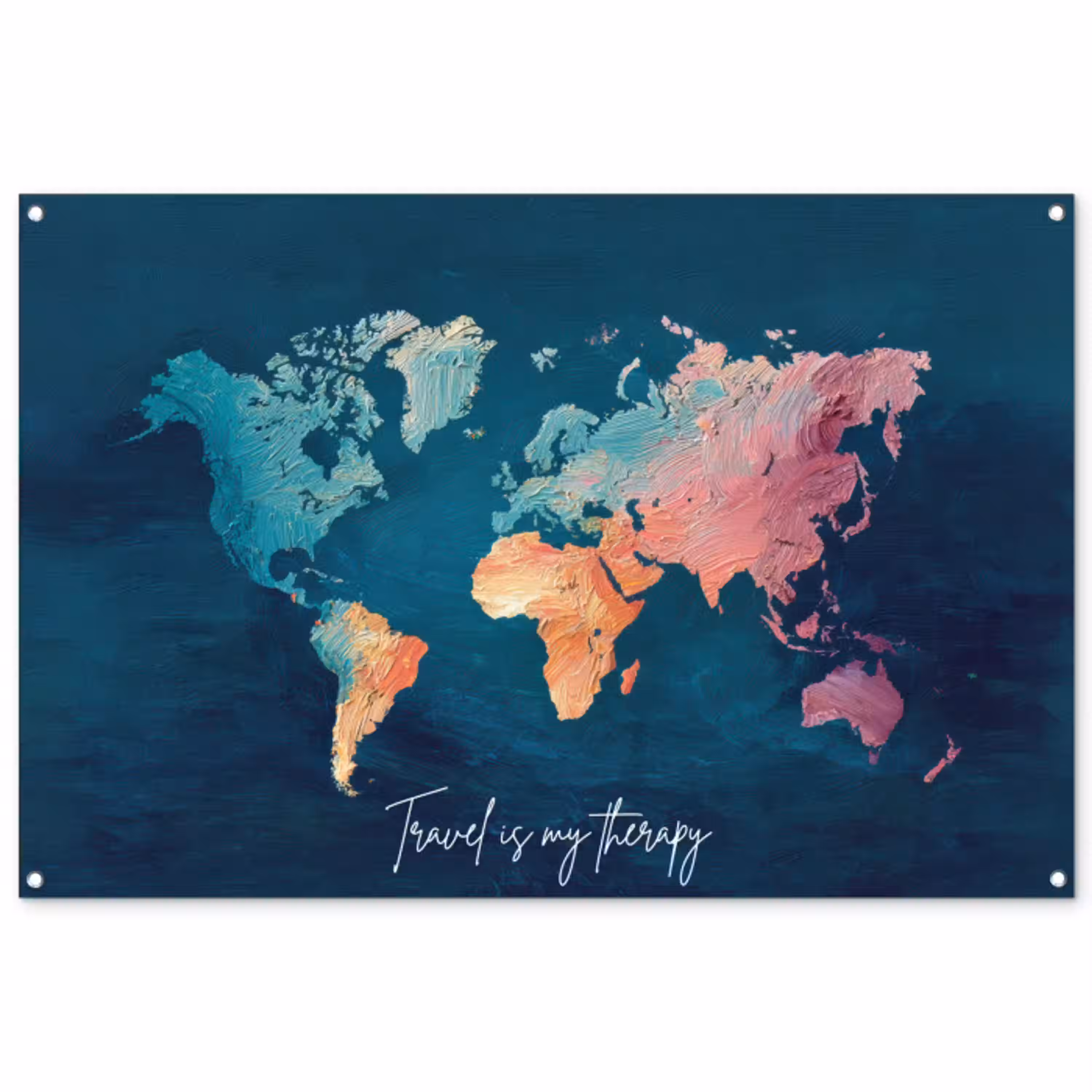 Wereldkaart - Geschilderd - Blauw - Travel tuinposter los doek groot -3d