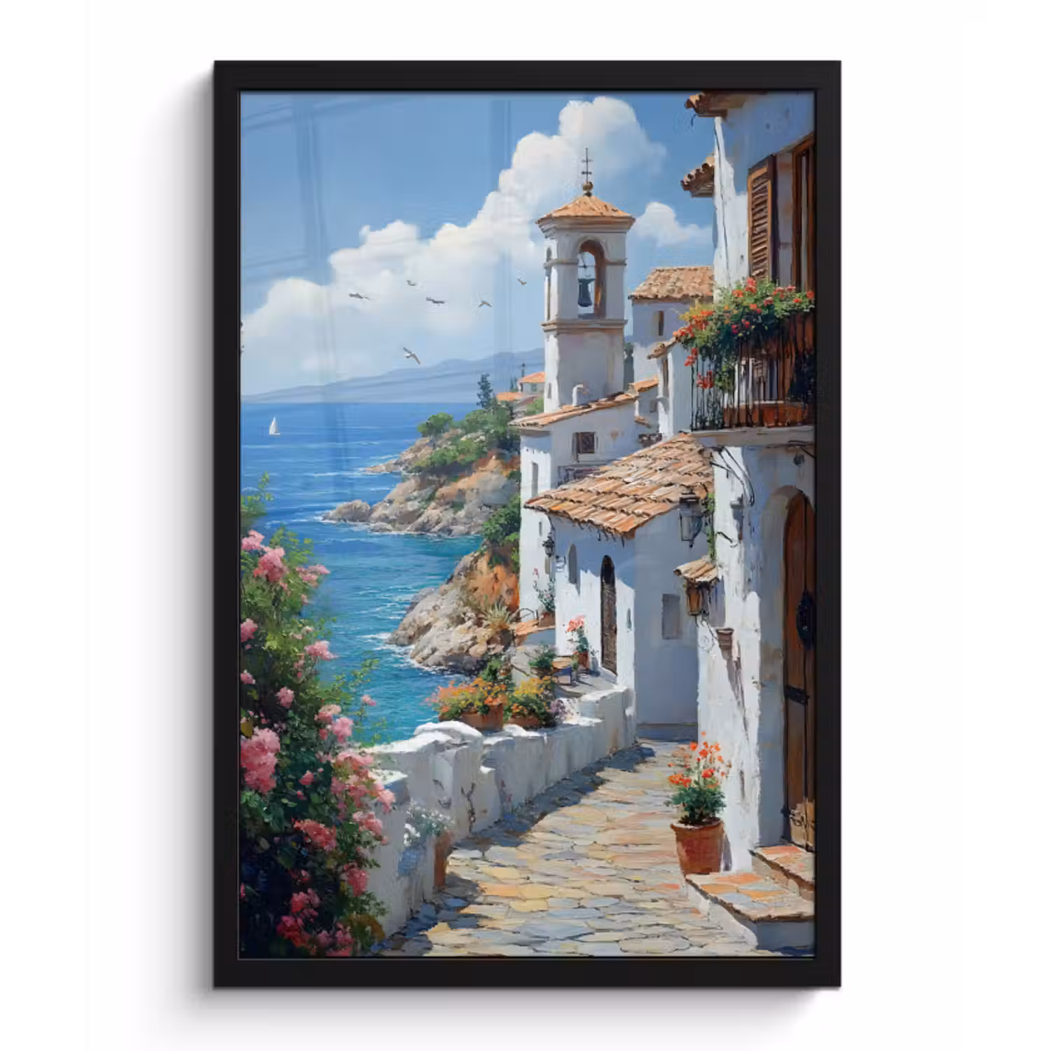Poster met lijst - Huizen - Zee - Bomen - Bloemen